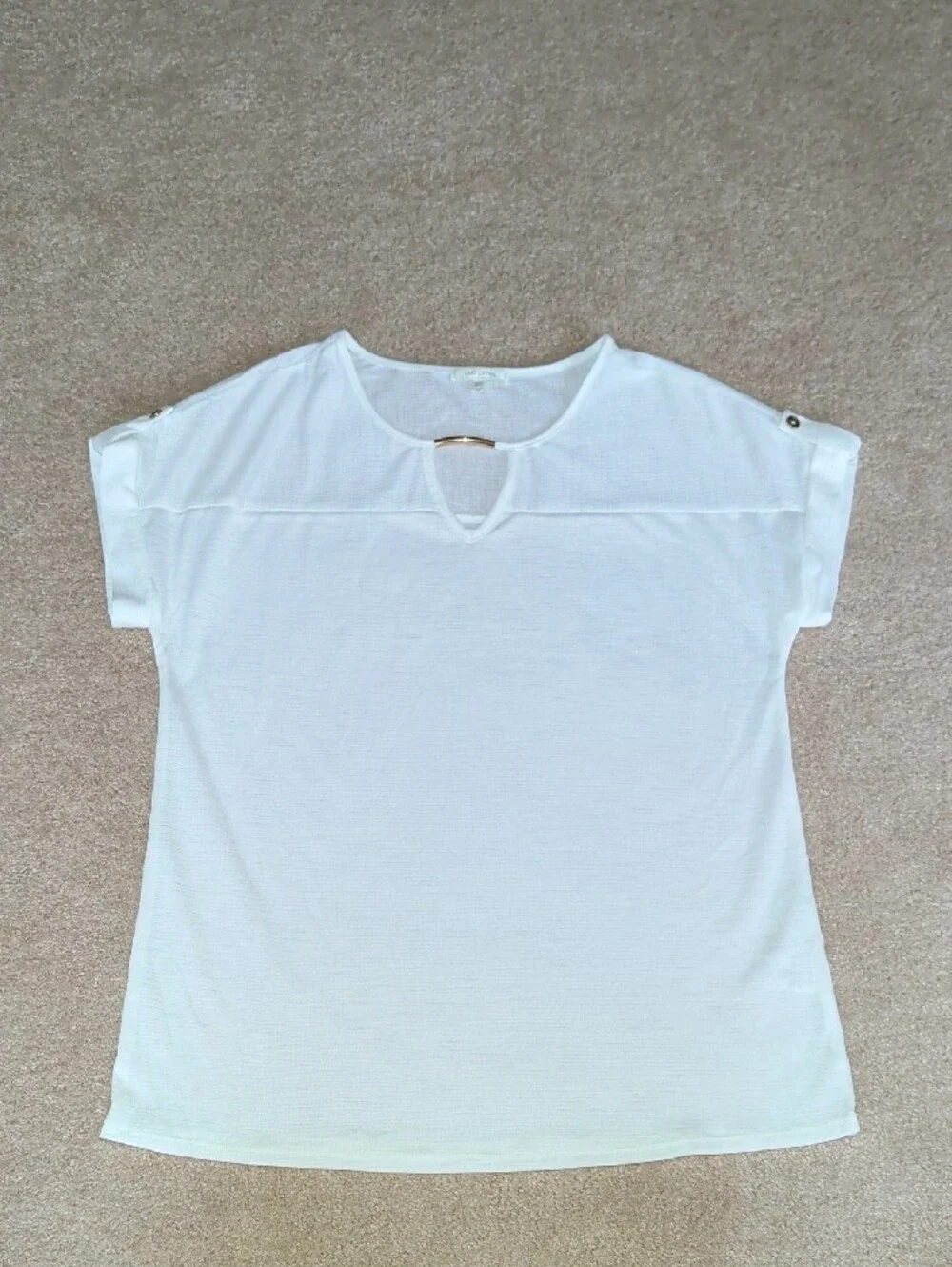 White Short-Sleeve Keyhole Top with Gold Accent - Women